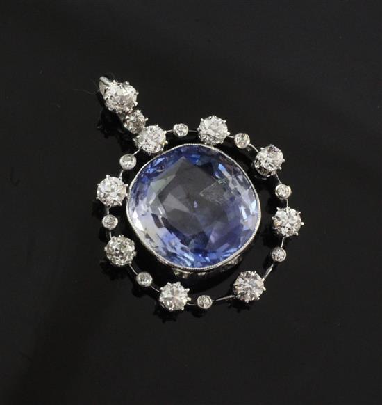 A white gold, sapphire and diamond drop pendant, 38mm inc. bale.